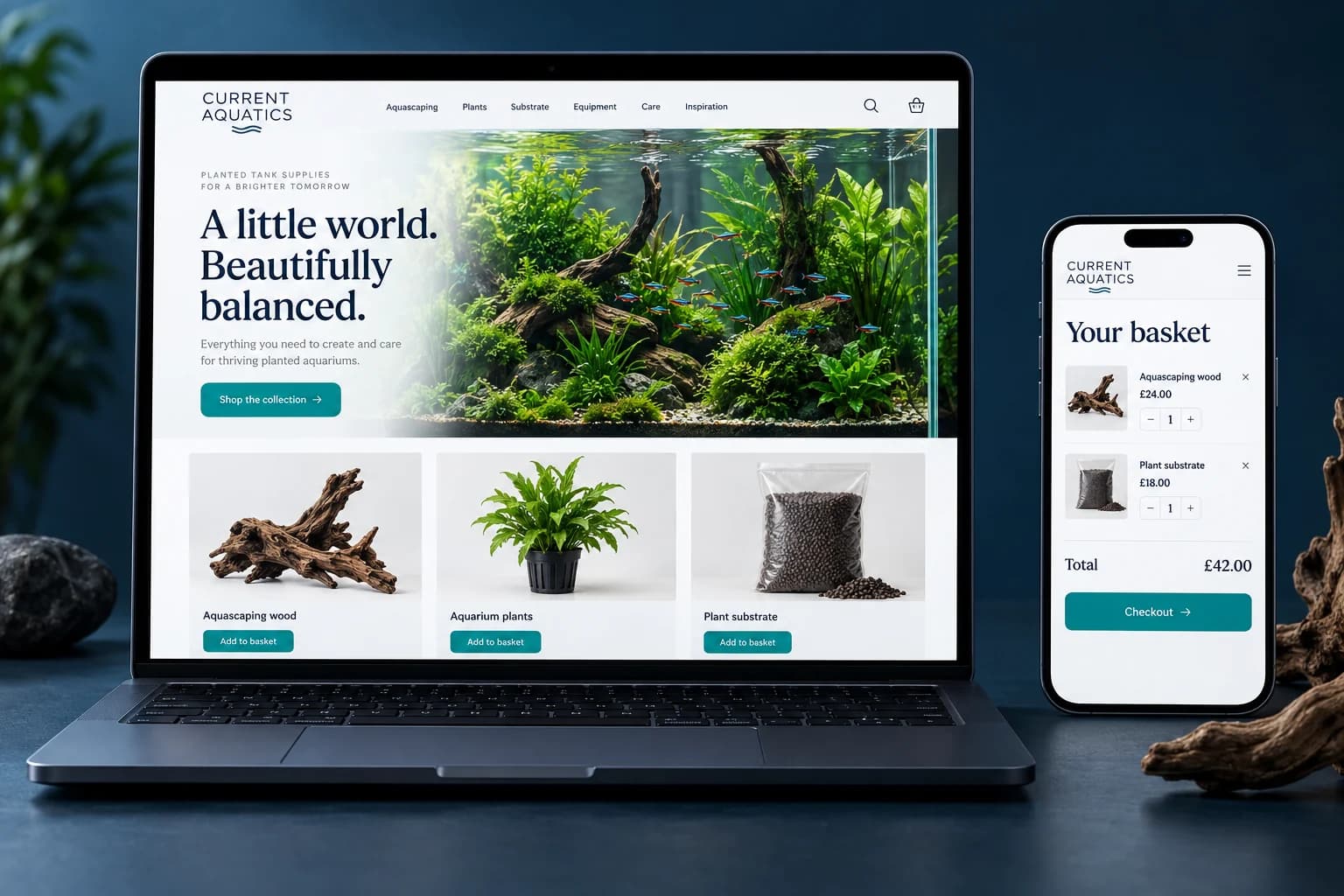 Aquarium supplies online shop concept on laptop with product cards and a mobile basket showing the Checkout button