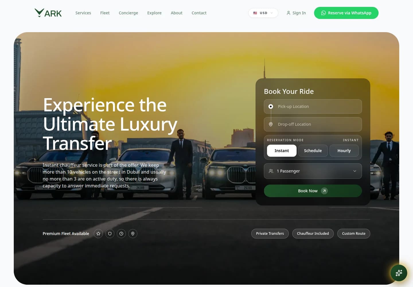 ARK Dubai’s live chauffeur booking website, with pickup and drop-off fields and its luxury vehicle imagery