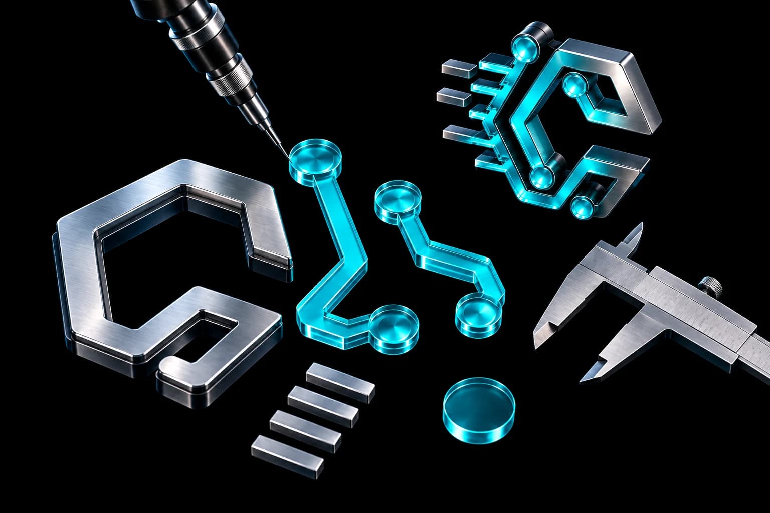 A conceptual C King design atelier with custom circuit-C components, turquoise glass and precision assembly tools