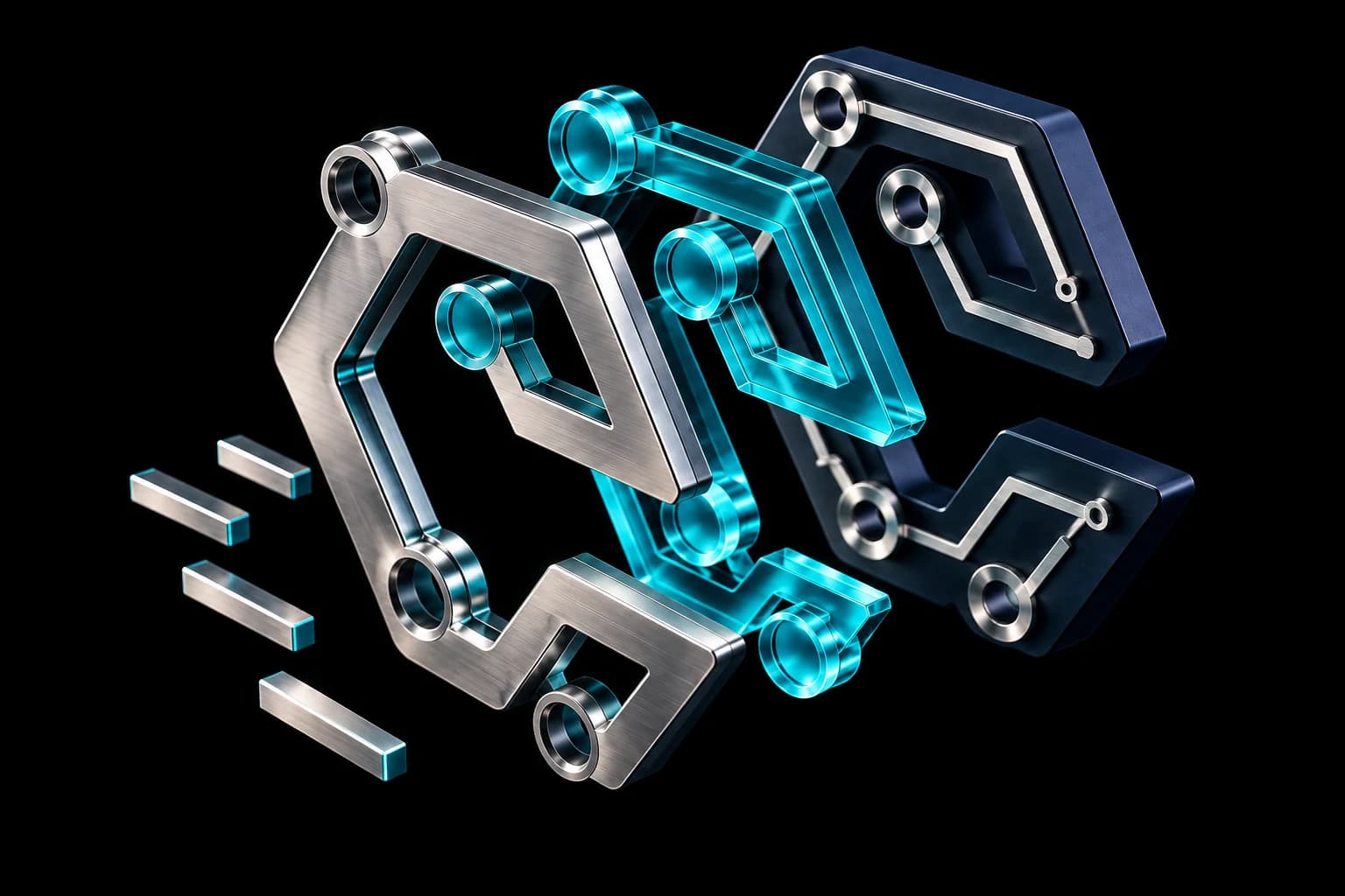 Exploded view of the C King emblem, revealing its metal structure, cyan optical layer and dark ceramic foundation
