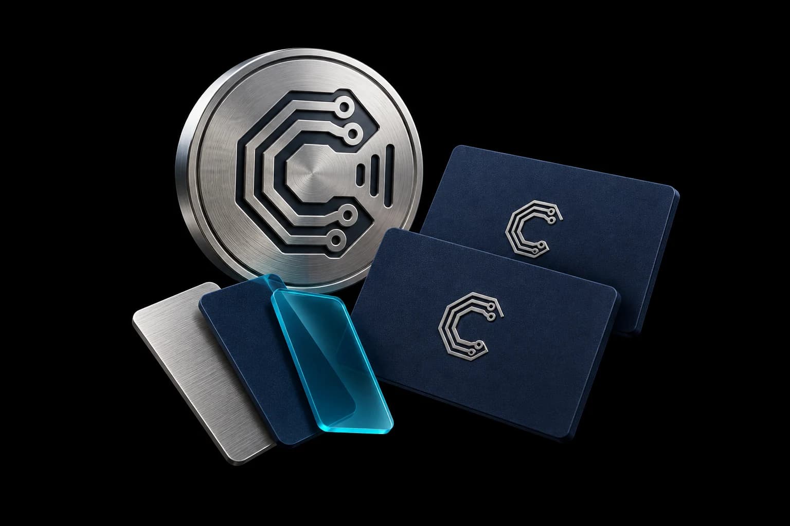An embossed circuit-C seal, navy stationery and silver and turquoise material swatches