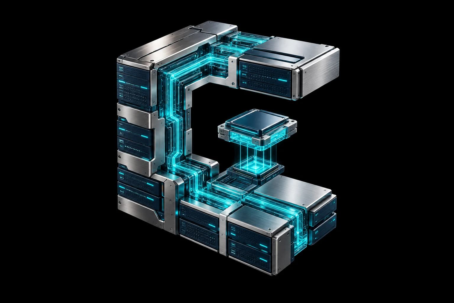 Modular silver servers and a processor connected by cyan glass circuits in a C-shaped architecture